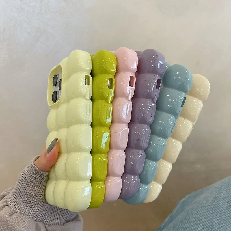 Cute Cartoon 3D Block Lattice Case for iPhone 15 14 13 16 Pro Max 12 11 Glossy Candy Solid Color Soft Silicone Shockproof Cover 5