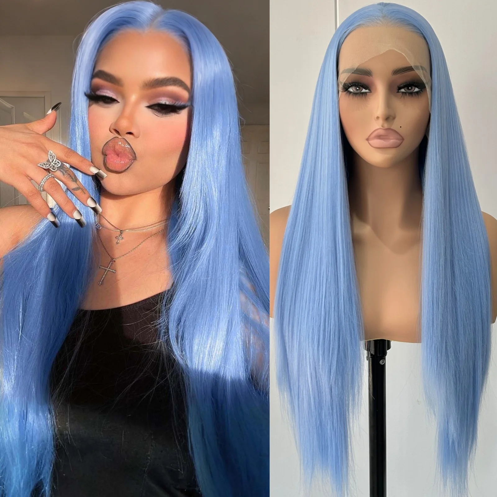 Long Silky Straight Light Blue Synthetic Hair Wigs For Women Free Part Sky Blue Colored Heat Resistant Fiber Cosplay Party Daily