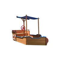Pirate Ship Sandbox with Cover and Rudder, Wooden Sandbox with Storage Bench and Seat, Outdoor Toy for Kids Ages 3-8 Years Old 2