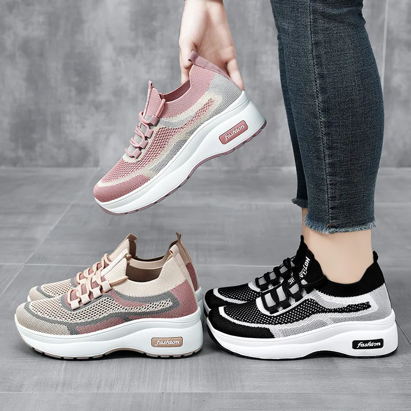 

Women's sports shoes comfortable and breathable for four seasons flying woven shoes fashion all match platform casual shoes