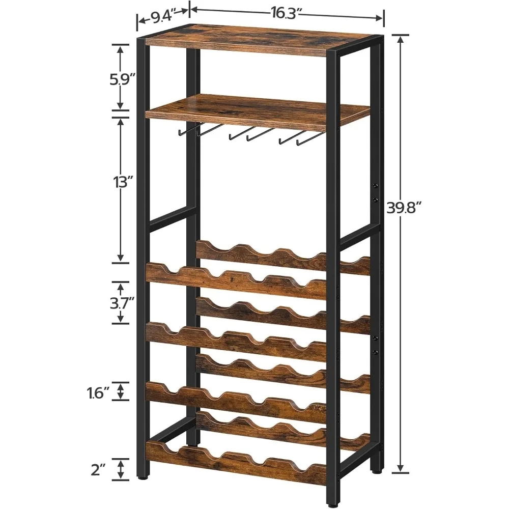 Freestanding Wine Rack, 16-Bottle Wine Storage Rack with Tabletop and Glass Holder, 6-Tier Bar Rack, Rack