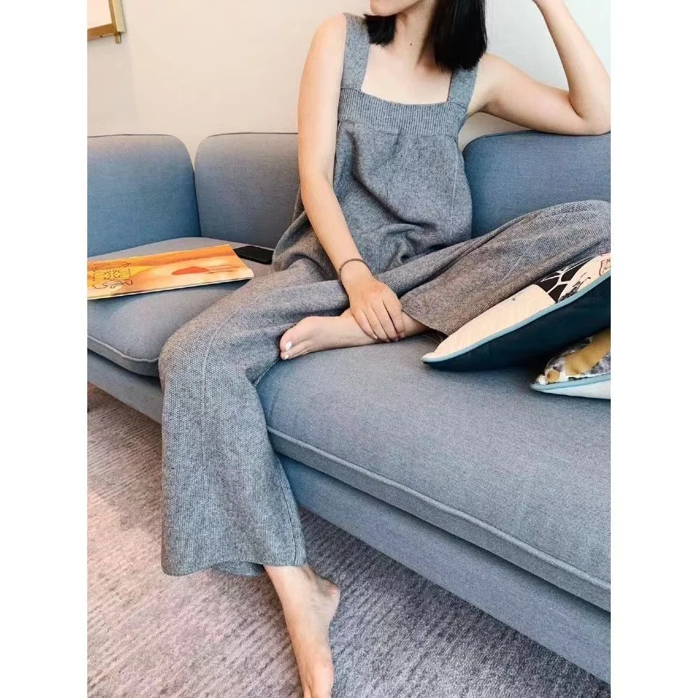 Loose Knitted Overalls Women's 2022 Spring Summer All-match Sleeveless Chic Jumpsuit High Waist Straight Wide Leg Pants Rompers