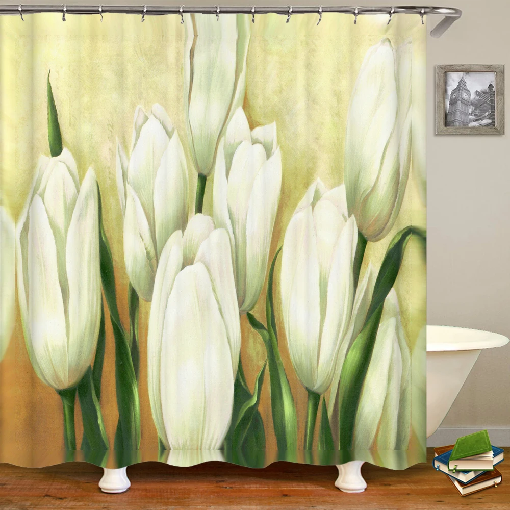 White Floral Bouquet Shower Curtain Small Fresh Tulip Floral Plant Print Waterproo Fabric Bathroom Deco with Hooks Bath Curtains