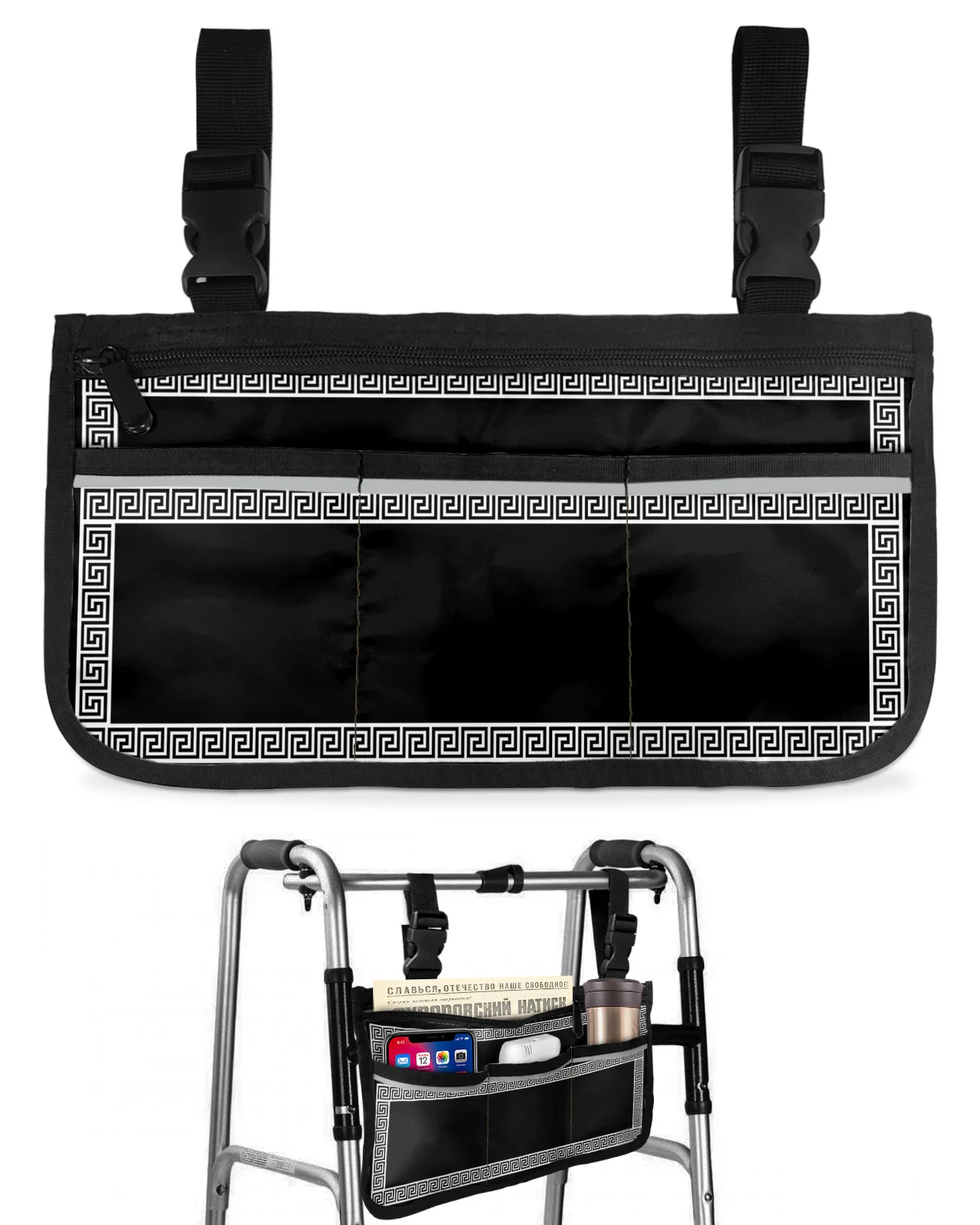 

Black Simple Chinese Geometric Wheelchair Bag With Pockets Armrest Side Bags Electric Scooter Walking Frame Storage Pouch