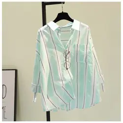 Women's Clothing Loose Striped Printed Long Sleeve Shirt Fashion Korean Female Turn-down Collar Casual Single-breasted Blouse
