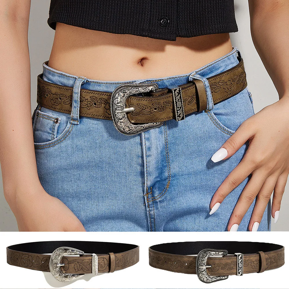 

Women's Retro Pin Buckle Belt Vintage Carved PU Leather Gothic Casual Fashion All-Match Belt Dress Waistband Luxury Brand