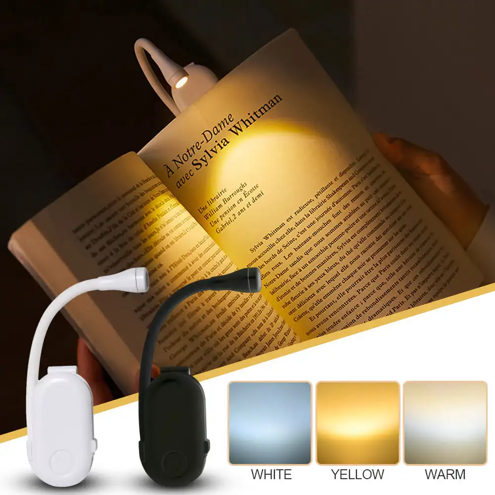 USB recarregável Mini Book Light, 3 temperaturas de cor, Dimmable Reading Light, Clip on Book Lamp, portátil LED Night Light