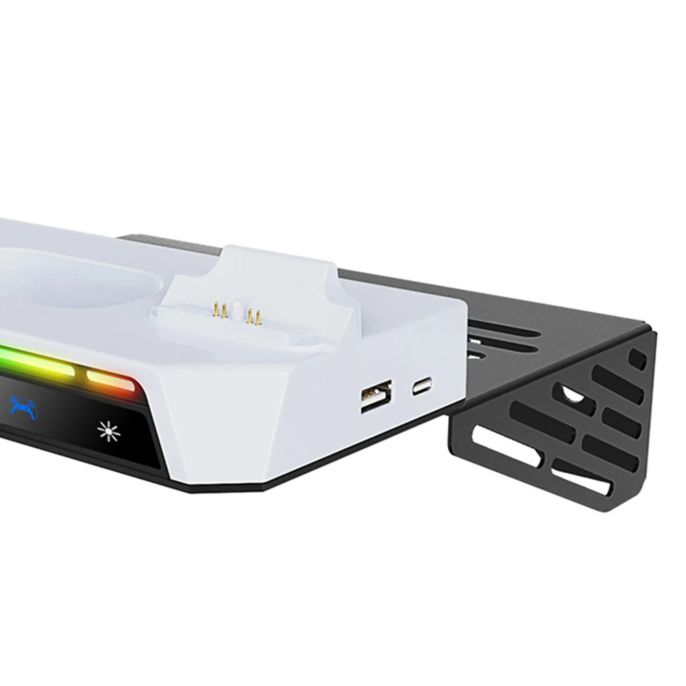 PS5/PS5 슬림 디스크 및 디지털 콘솔용 듀얼 컨트롤러 충전 스테이션 RGB 조명과 헤드셋 홀더가 포함된 벽걸이 키트