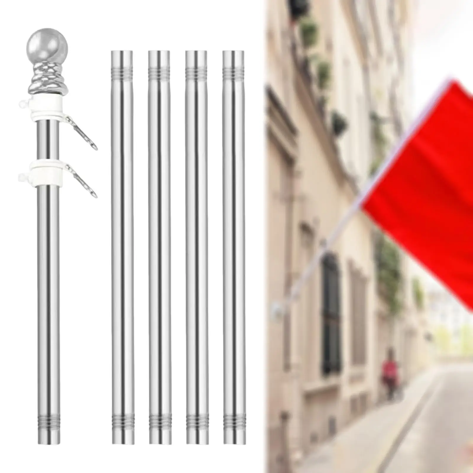 5x Stainless Steel Flag Flag Pole Guide Banner Five Sections Rod Garden Pole Outdoor Residential House Porch