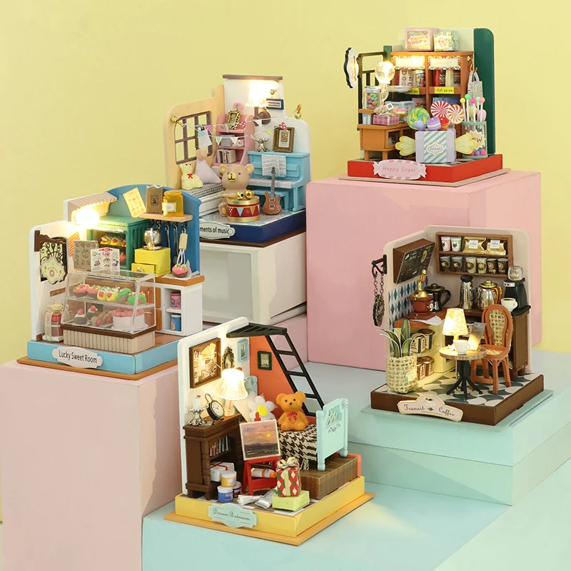 

Деревянные Мини-кукольные домики «сделай сам», миниатюрные строительные комплекты с мебелью, кофейный десертный магазин, кукольный домик, игрушки для взрослых, подарки
