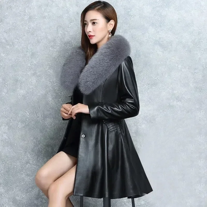 Leather Jacket Winter Coat Women Fox Fur Collar Sherpa Shearling Jacket Women Long Sheepskin Coat  Velvet Women Oversized