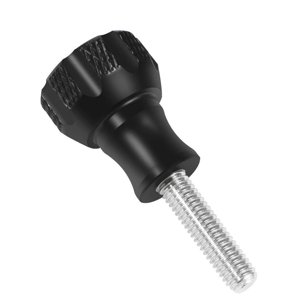 Lot de cinq vis de pouce en métal CNC pour GoPro Hero 10/9/8/MAX disposées en éventail sur fond noir