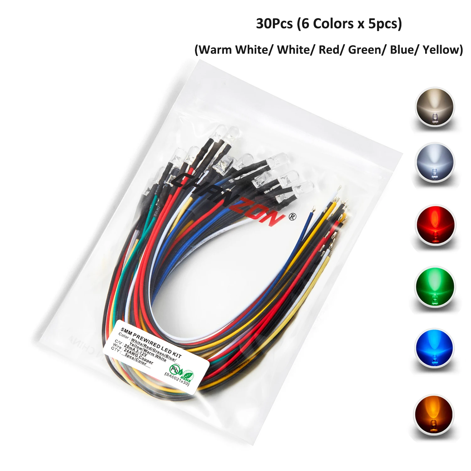 ตัวเลือกสินค้า ชุด LED หลากสี 5mm สำหรับติดตั้งไฟ