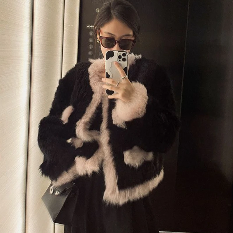 

Luxury Faux Mink Fur Coat Loose Contrast Color Imitation Fox Hair Bomber Jacket Warm Cardigan Cotton Liner Parkas Lambs Tops