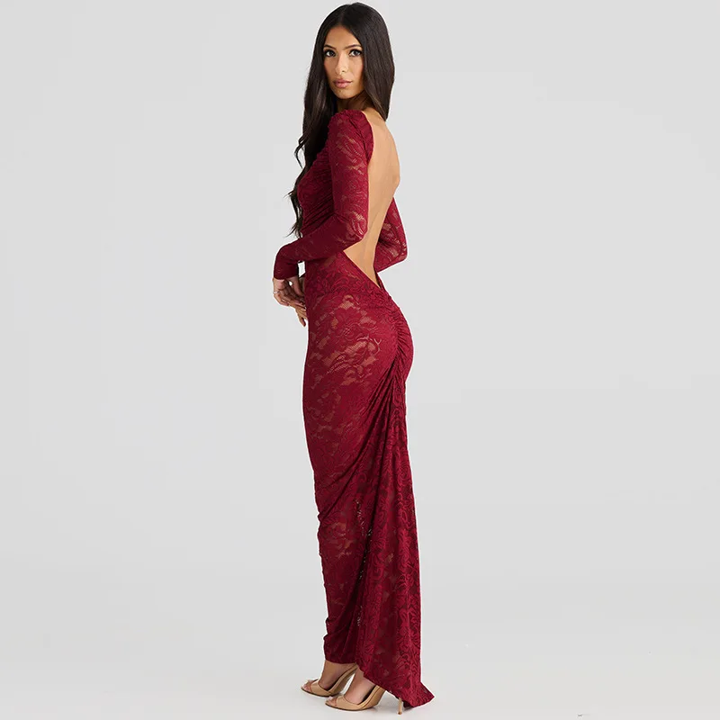 White Lace Backless Long Dress For Women See-Through High Waist Printed Slim Solid Hollow Out Dress Women's Party Dress