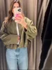 Spring Women's Green Suede Short Jacket Loose Lapel Zipper Long Sleeve Bomber Coat Female 2025 New Lady High Street Outwears 4