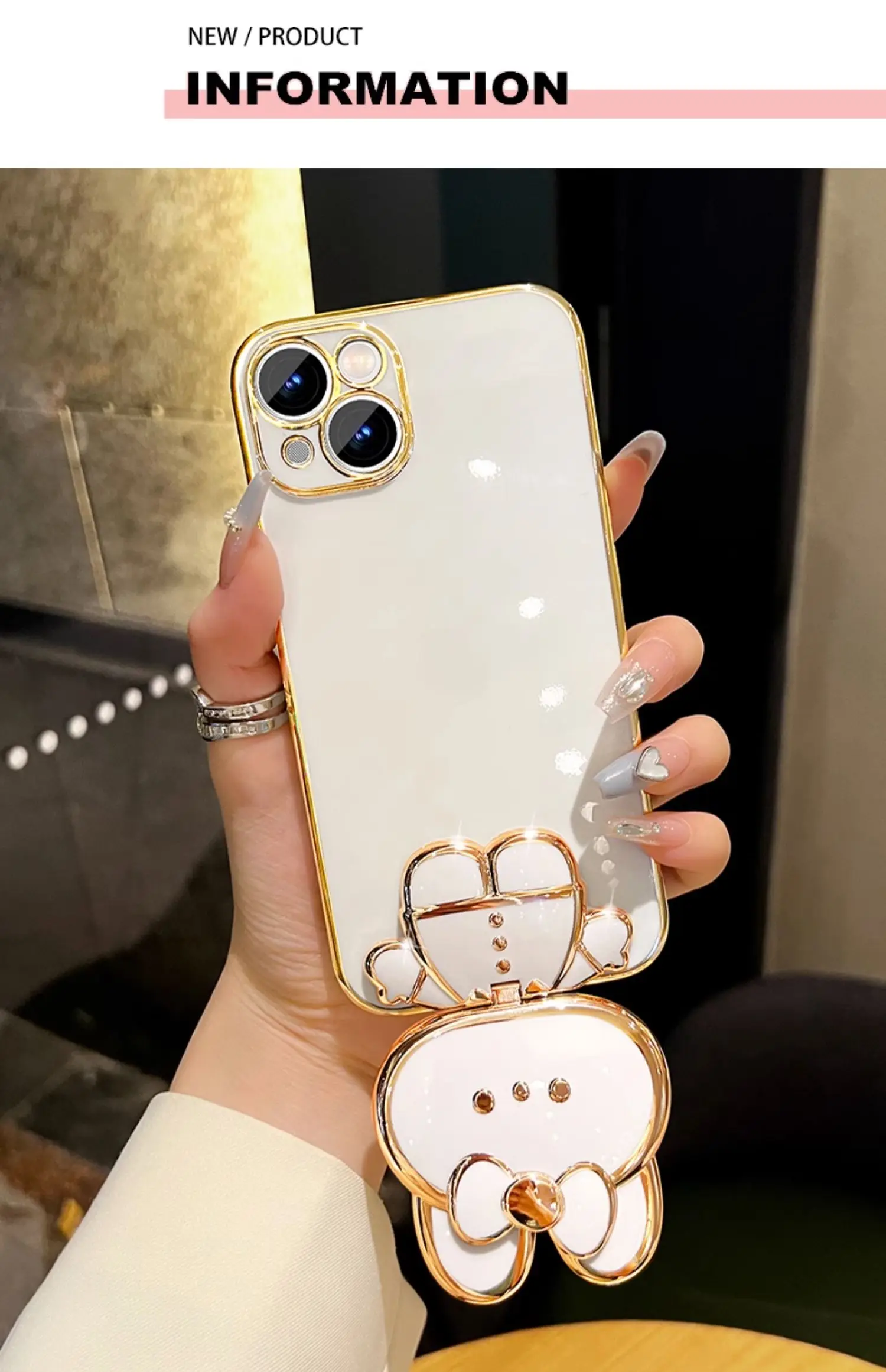 Bunny Phone Case With Mirror Holder And Flower Strap Plating_voghion.com