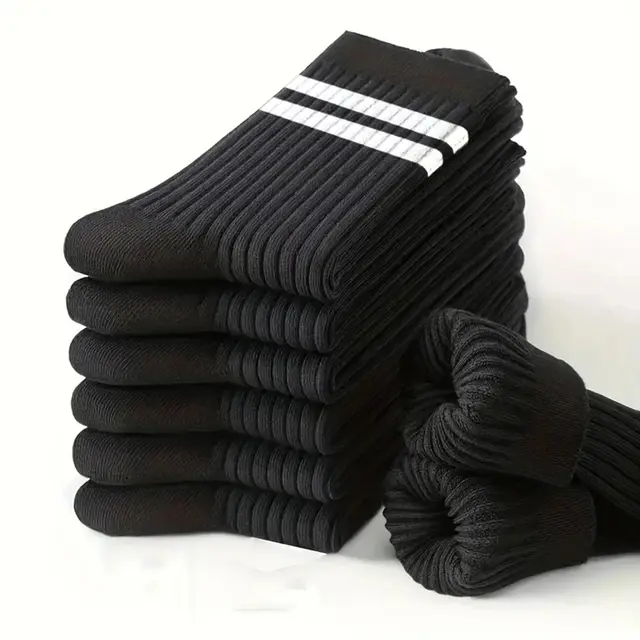 6/10 paires de chaussettes pour hommes, chaussettes simples et décontractées à rayures noires et blanches, respirantes, mi-tube, col rond de haute qualité, printemps-automne 1