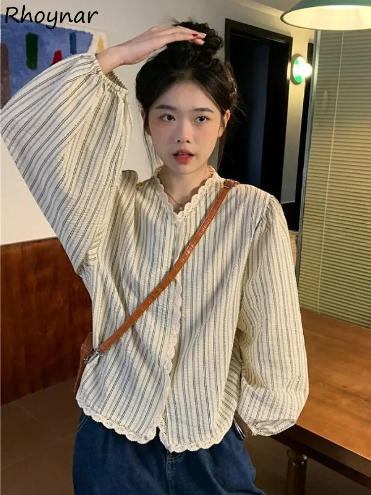 

Autumn Korean Style Shirts Women Fashion Loose V-neck Striped Design Long Sleeve Ulzzang Camisas Mujer Retro Temper Girlish Chic