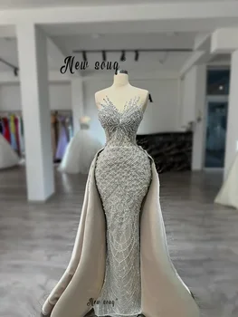 Silver Shinny Crystals Prom Dresses With Satin Overskirt Customized Sleeveless Elegant Wedding Guest Gown Lace Special Occasion 1