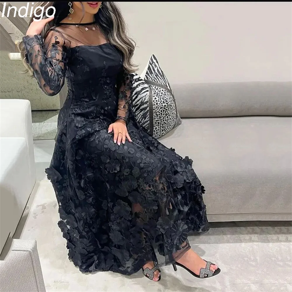 

Indigo Prom Dress 2024 A-Line O-Neck Lace Long Sleeve Zipper Back Ankle-Length Satin Elegant Evening Gowns For Women فساتين الس