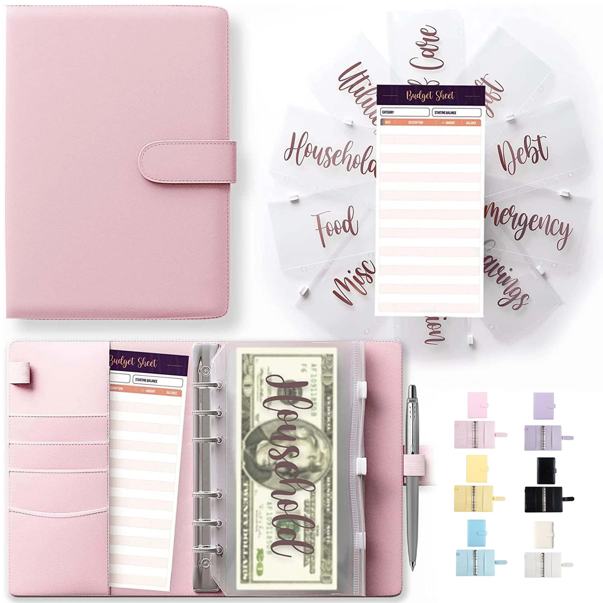 

A6 PU Leather Budget Planner Binder Notebook Cash Envelopes System Set with Binder Pocket for Money Budget Saving Bill Organizer