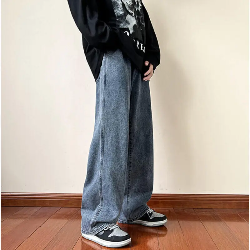 

American Style Street Punk Jeans Men's Trendy Brand Loose Wide Leg Denim Pants Fashion Hip Hop Solid Color Casual Trousers Male