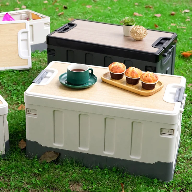 55L Outdoor Camping Wooden Lid Foldable Storage Box Car Food Container  Fishing Picnic BBQ Organizer Box, Size L - White Wholesale