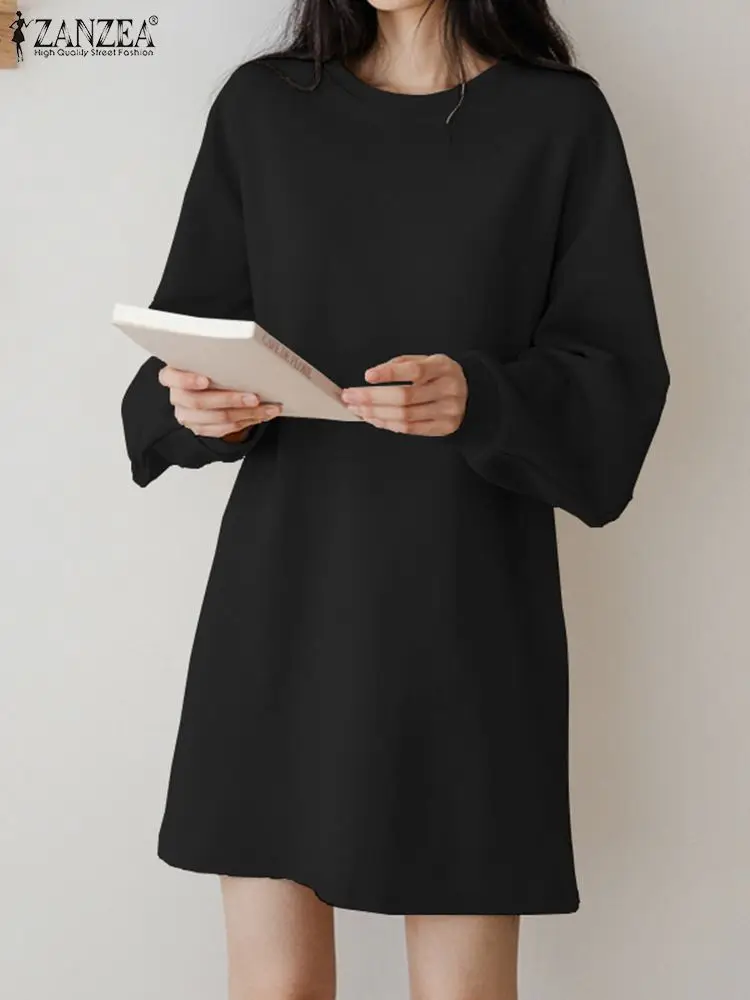 

ZANZEA 2024 Korean Long Sweatshirts Women Drop Shoulder Pullover Dress Fashion Long Sleeve Solid Color Hoodies Casual O-neck Top