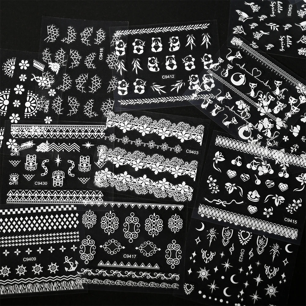 30pcs White & Black Lace Nail Art Stickers Flower & Star Designs Self-Adhesive Manicure Nail Foil Decoration Art Supplies