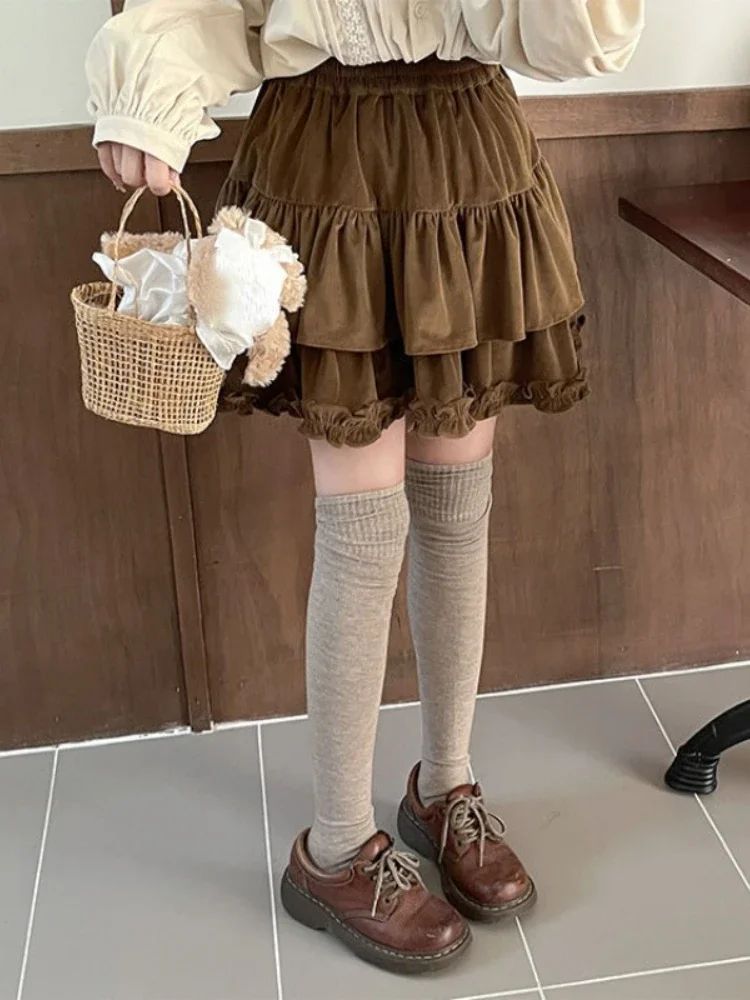 Kawaii Sweet Cake Skirt Women Autumn 2023 A-line Korean Style Vintage Party Mini Skirt Japanese Casual Princess Corduroy Skirt