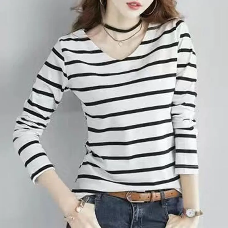 

Casual Striped All-match Slim Pullovers Stylish 2023 Spring Autumn Elegant V-Neck Women's Clothing Korean Long Sleeve T-shirt