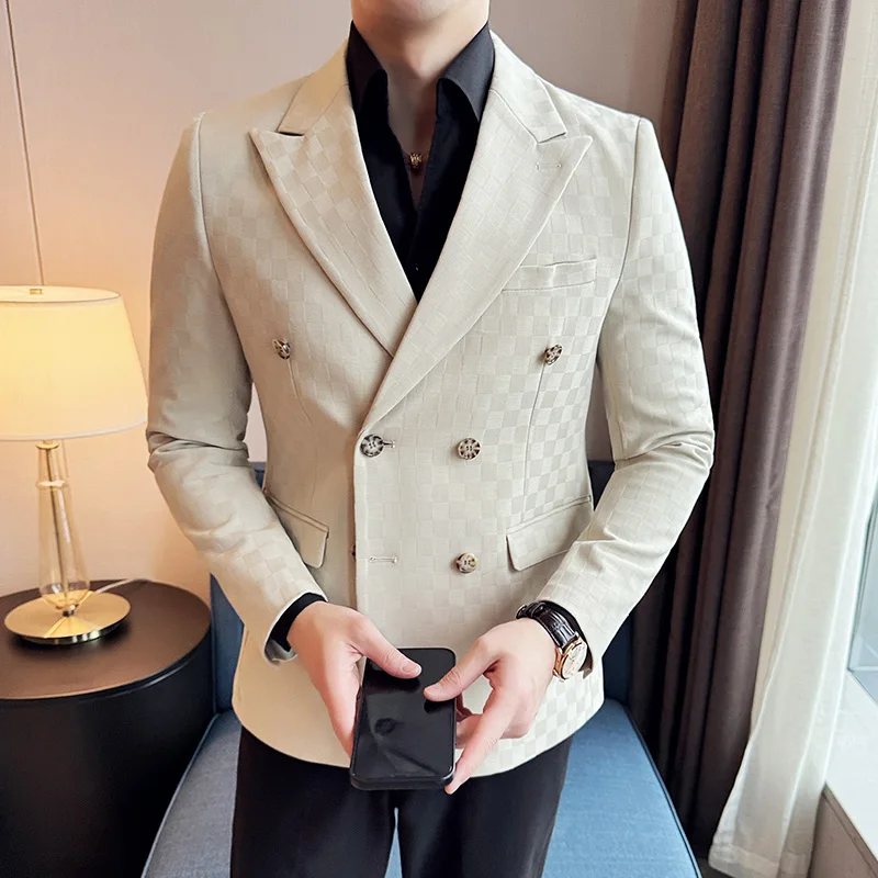 Men Blazers Coats Double Breasted Checkered Slim Fit Business Suit Jacket 5XL-M 6 Color men suits jackets