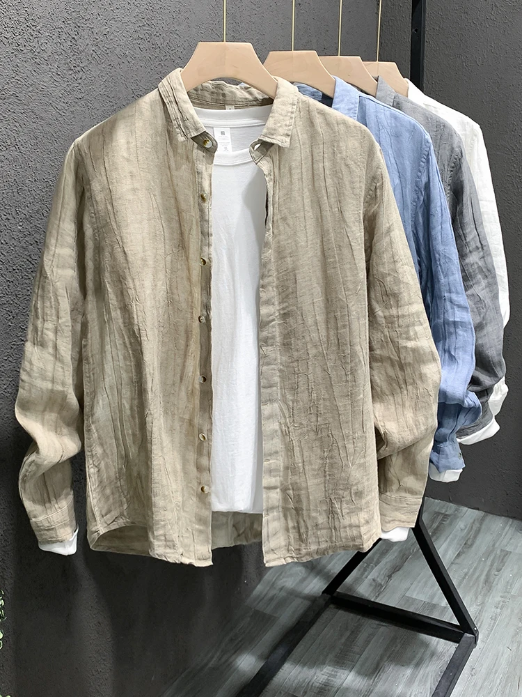  Casual Linen irt Long Sve Youth Men's Faionable Urban Sle Spring Autumn Wear Iron Free Personali Coat