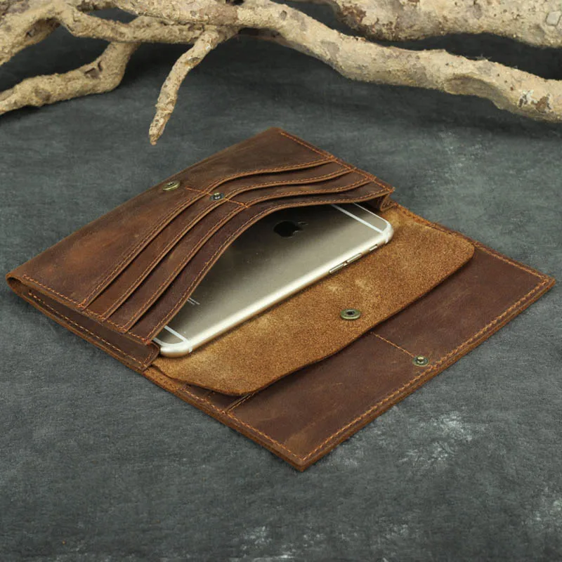 LUUFAN Men's Genuine Leather Long Bifold Wallet — Dark Brown, Minimalist Design - View #2