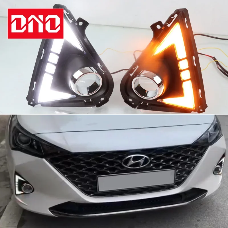 

Car LED DRL 12V Daytime Running Lamps For Hyundai Accent Solaris 2021 2022 Auto Daylights Yellow Turn Signal12V Car Foglamp