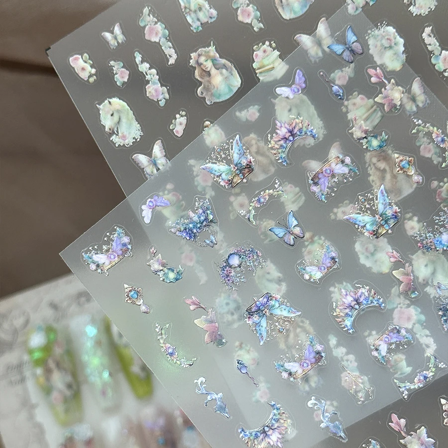 Cute Girl Fantasy Horse Book Flower Shiny Butterfly Self Adhesive Nail Art Decoration Sticker Pretty Japan 3D Manicure 5D Decals 6
