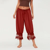 Women's Y2K Loose Fit Bloomers Cropped Pants Drawstring High Waist Floral Lace Patchwork Calf-Length Lantern Trousers - Image 3