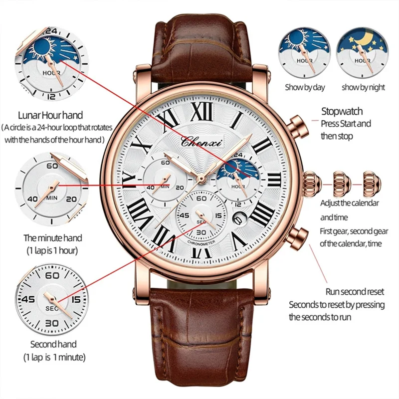 CHENXI 973 multifunzione Business Moon Phase Date impermeabile roma analogico importato orologio da polso da uomo quadrante orologi in pelle al quarzo