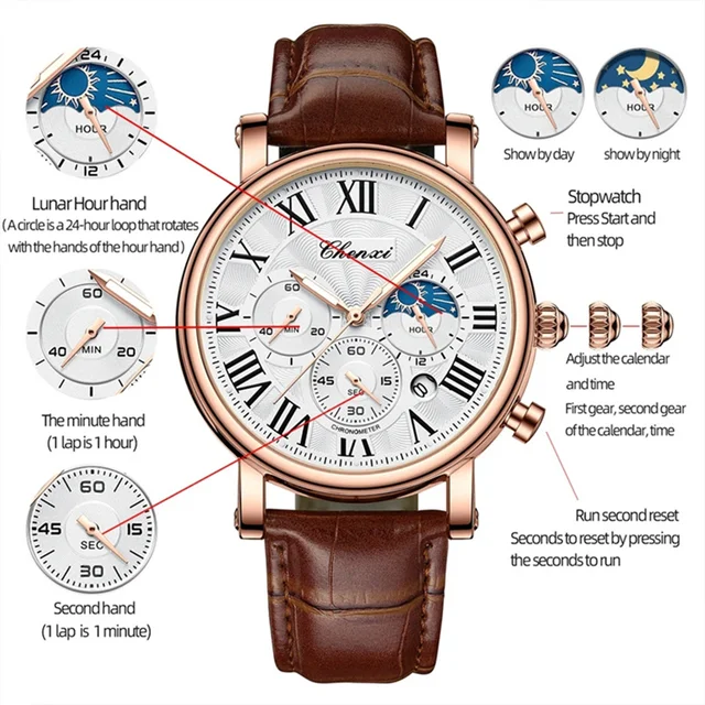 CHENXI 973 multi-fonction affaires Phase de lune Date étanche Rome analogique importé hommes montre-bracelet cadran Quartz montres en cuir 1