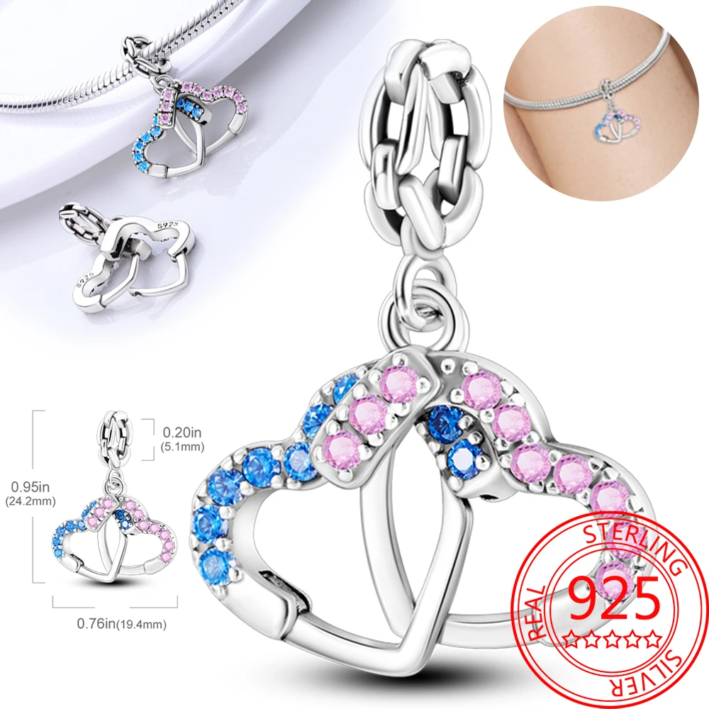 

Romantic Decoration 925 Sterling Silver Couple Double Layer Blue Pink Love Pendant Fit Pandora Bracelet Date Anniversary Gift
