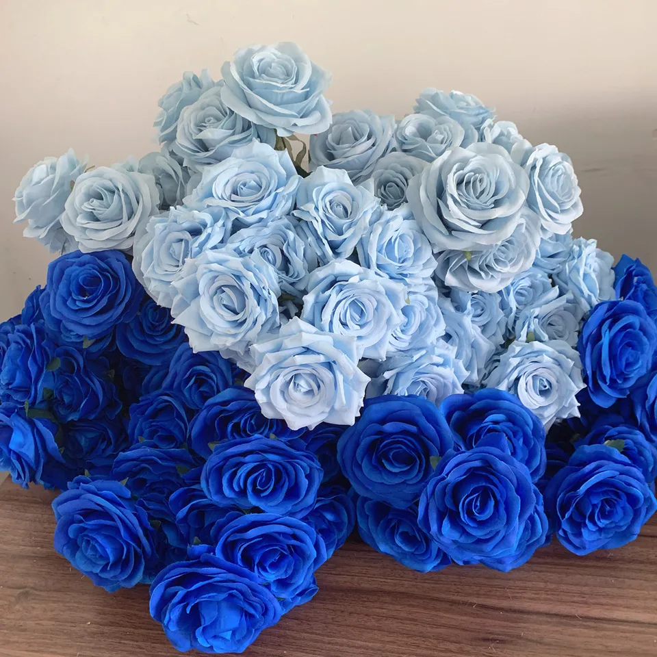 Ramo Di Rose Finte Eleganti In Tessuto - Fiore Artificiale Con Stelo Per Decorazioni Casa, Matrimonio, Giardino, Foto - Colore Blu, Lunghezza 51 Cm