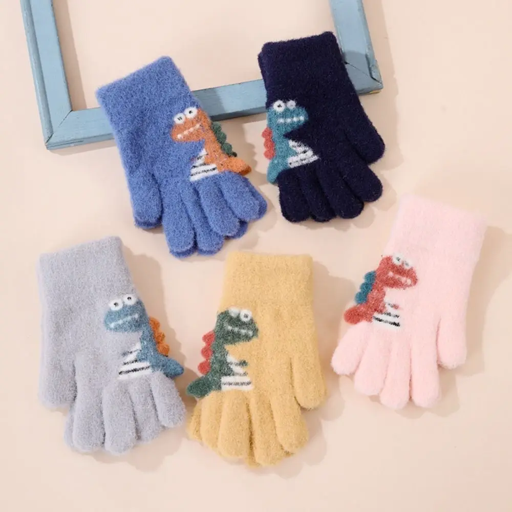 Children Knitted Gloves 4-9 Years Boy Girl Kids Winter Hand Warmer Thicken Woolen Five Finger Gloves Baby Mittens Cute Dinosaur