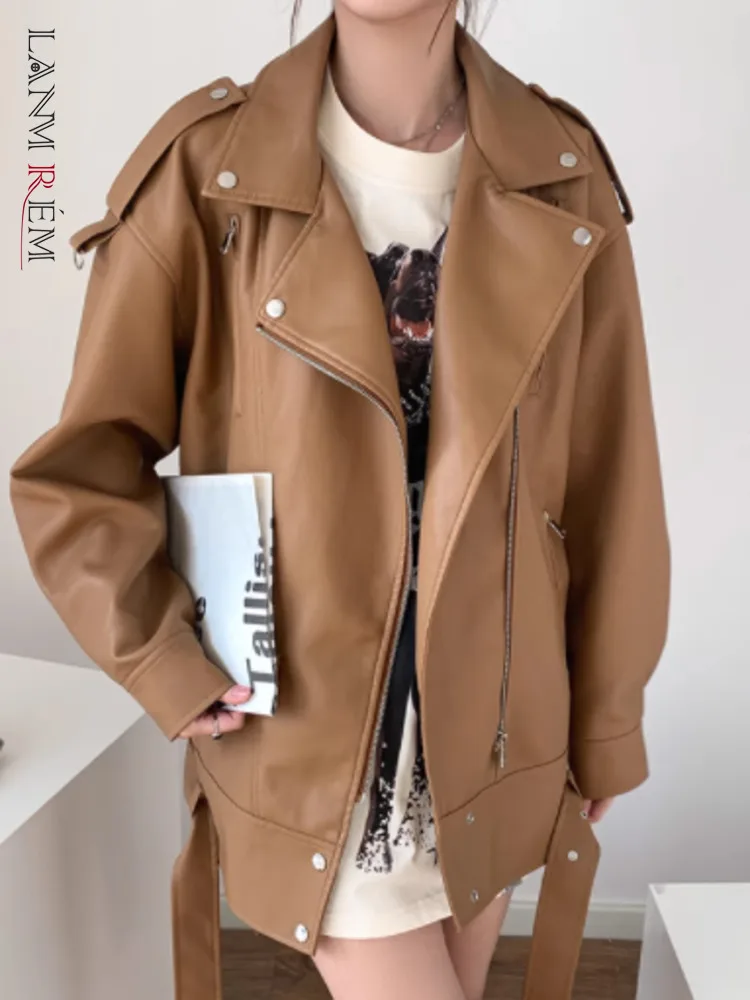 

LANMREM Fashion PU Leather Coat Women Solid Color Lapel Zipper Belt Spliced Design Jackets Streetwear 2023 Autumn New 2AA3586