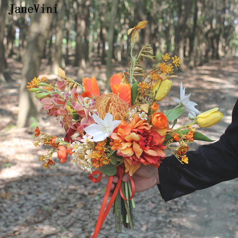 

JaneVini New European Wedding Bride Bouquet Orange Tulip Artificial Silk Roses Flowers Fall Bridal Bouquets Wedding Accessories