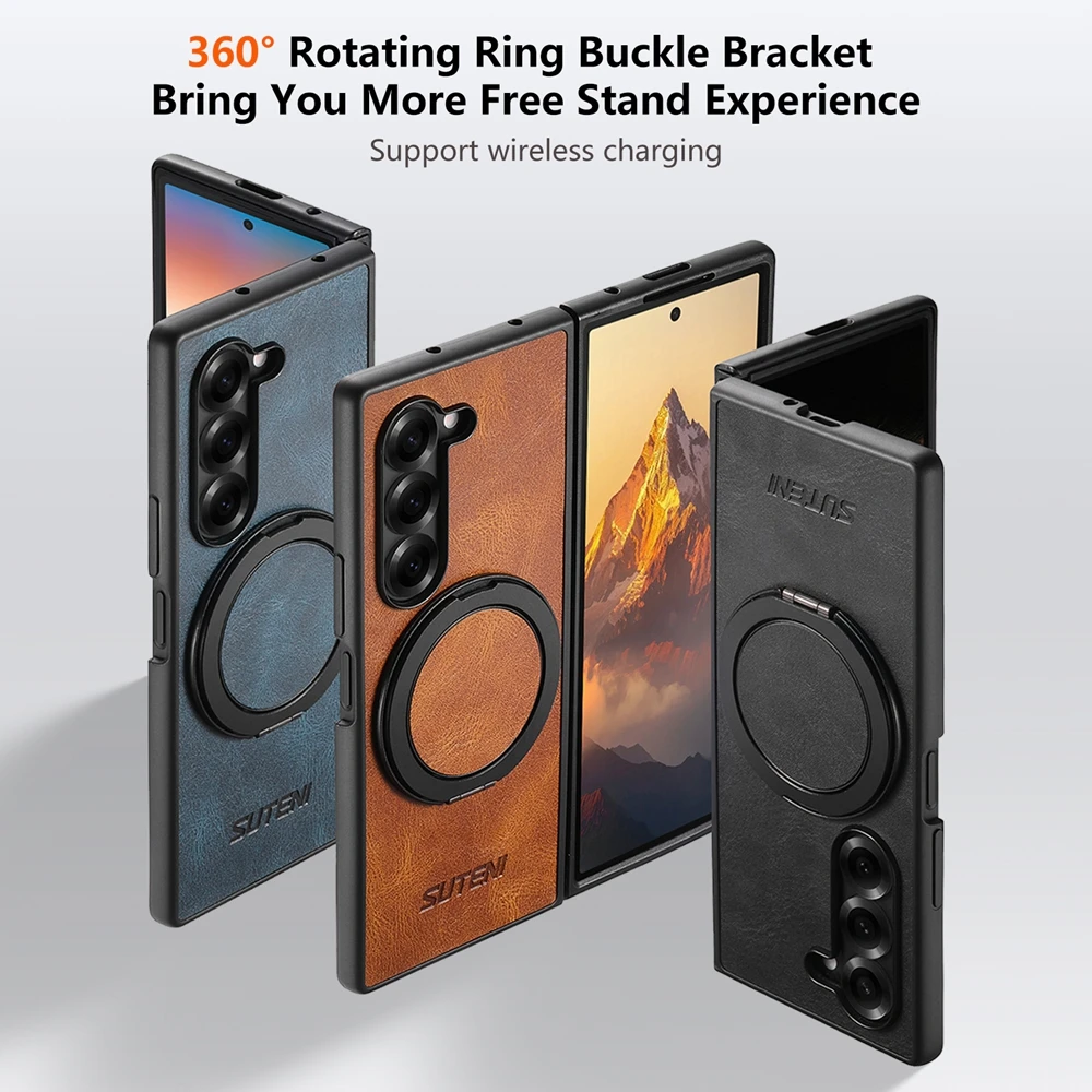 Leather Wallet Phone Case with Ring Bracket & Magnetic Kickstand - Wireless Charging Compatible