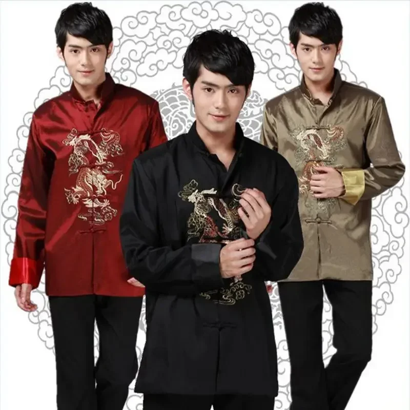Men's Embroidered Dragon Tang Suit Men's Shirt Top Jacket Cheongsam Hanfu Retro Hanfu Coat