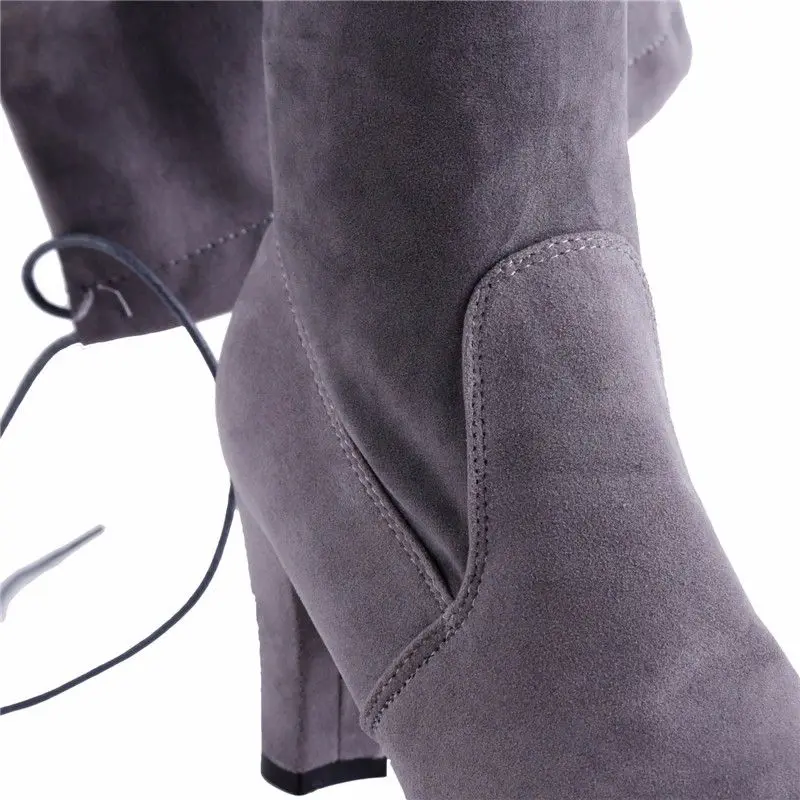 Women Faux Suede Thigh High Boots Block Thick Heel Over The Knee Boots