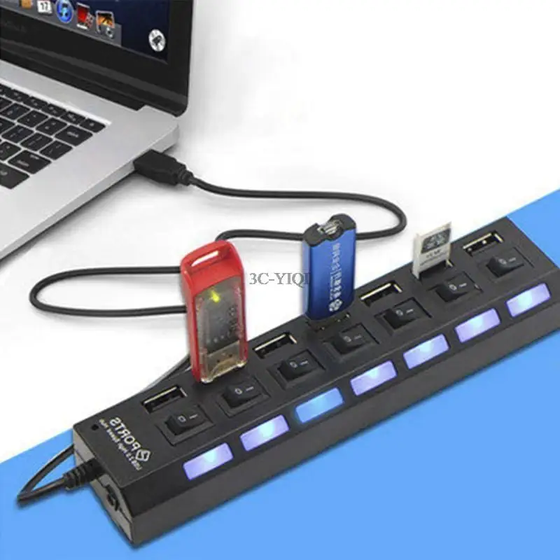 7 Ports usb hub LED USB High Speed 480 Mbps Adapter USB Hub With Power on off Switch For PC Laptop Computer PC Laptop With ON/OF