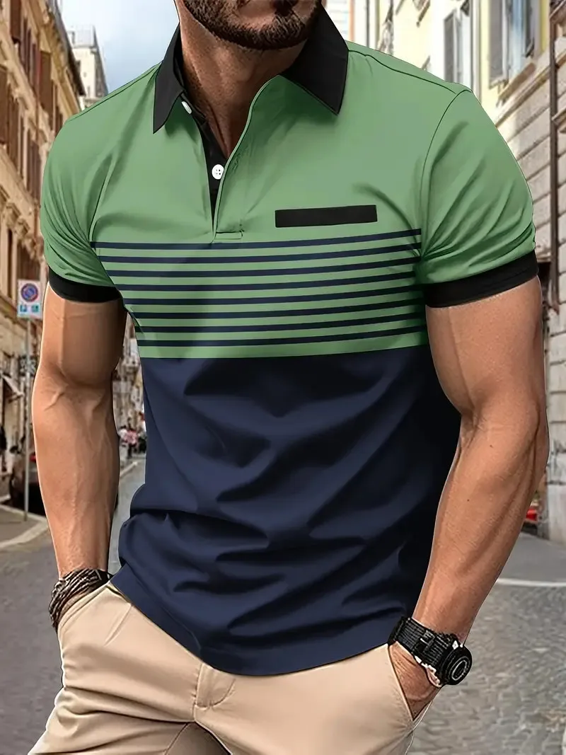 New Summer Striped 3D Printed Men's Polo T Shirt Fashion Lapel Button Zipper Top Hipster Trend Streetwear Short Sleeve Tops 9 S411508b44a9140bb89aaf311e9ac51e1k